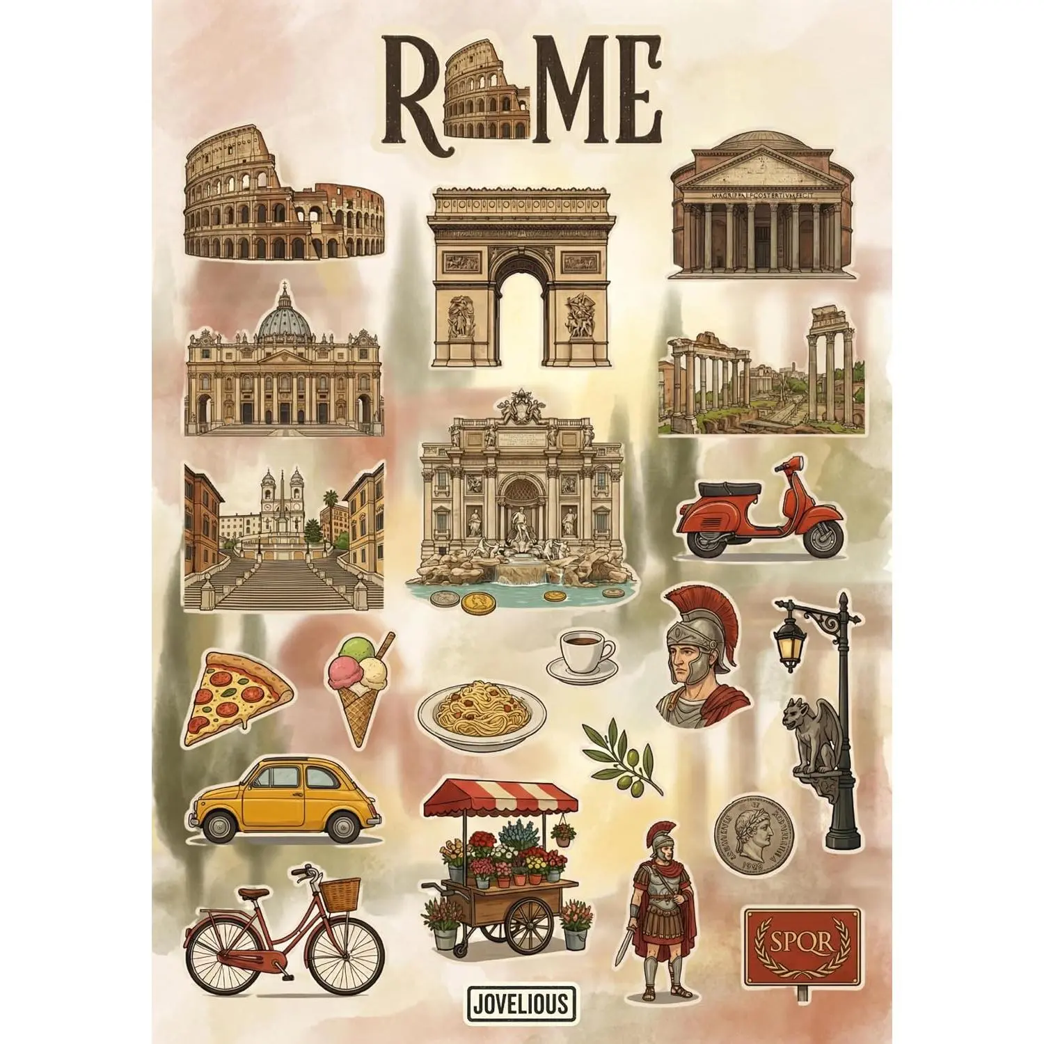 Rome Sticker Sheet, A5 Matte Vinyl Kiss Cut Stickers, Designed in Brooklyn, Italy