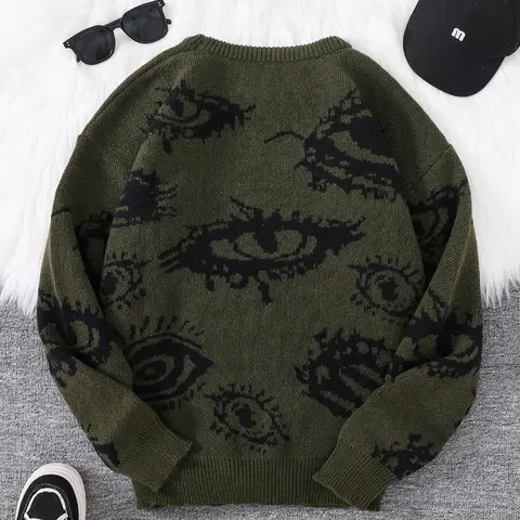 Men's All Over Eye Graphic Drop Shoulder Jacquard Sweater, Regular Fit Casual Stretchy Long Sleeve Round Neck Pullover Jumper, Men's Fall and Winter Knitwear for Daily Wear Menswear