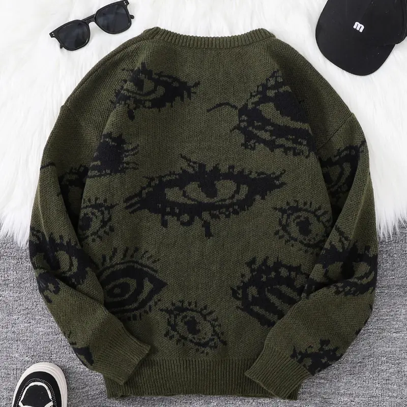 Men's All Over Eye Graphic Drop Shoulder Jacquard Sweater, Regular Fit Casual Stretchy Long Sleeve Round Neck Pullover Jumper, Men's Fall and Winter Knitwear for Daily Wear Menswear