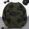 Men's All Over Eye Graphic Drop Shoulder Jacquard Sweater, Regular Fit Casual Stretchy Long Sleeve Round Neck Pullover Jumper, Men's Fall and Winter Knitwear for Daily Wear Menswear