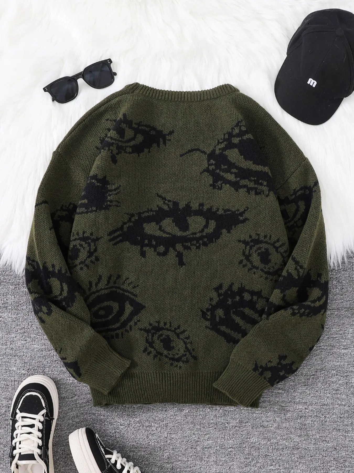 Men's All Over Eye Print Drop Shoulder Sweater, Regular Fit Casual Comfy Long Sleeve Round Neck Jumper, Men's Fall & Winter Knitwear for Daily Wear