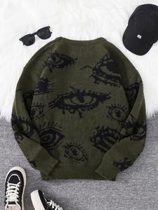 men's all over eye print drop shoulder y2k sweater, fall sweaters, regular fit casual comfy long sleeve round neck jumper, men's fall knitwear for daily wear tops, men's clothing, vintage clothing, y2k clothing, menswear