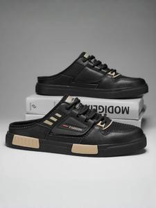 men's fashionable patchwork design slip on mules, casual comfortable breathable non-slip rubber sole mules, street style black clogs for daily wear, trending shoes