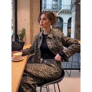 Women's casual leopard print short jacket, front button long sleeved denim jacket, spring and autumn fashion lapel jacketRAIMENTRY
