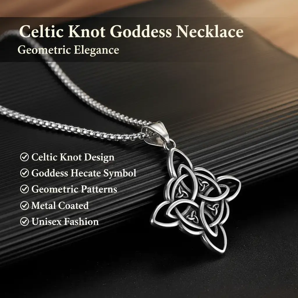 Celtic Knot Necklace - Goddess Hecate Symbol Amulet, Geometric Patterns Cross Knot Design, Metal Coated Long Chain, Casual Comfortable Unisex Fashion Costume Jewelry Accessory