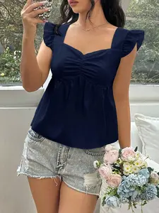 Women's Loose Fit Shirred Hem T-Shirt, Casual Summer Sweet Aesthetic Style Back Tie Short Sleeve Top, Comfortable Fashion Everyday Wear