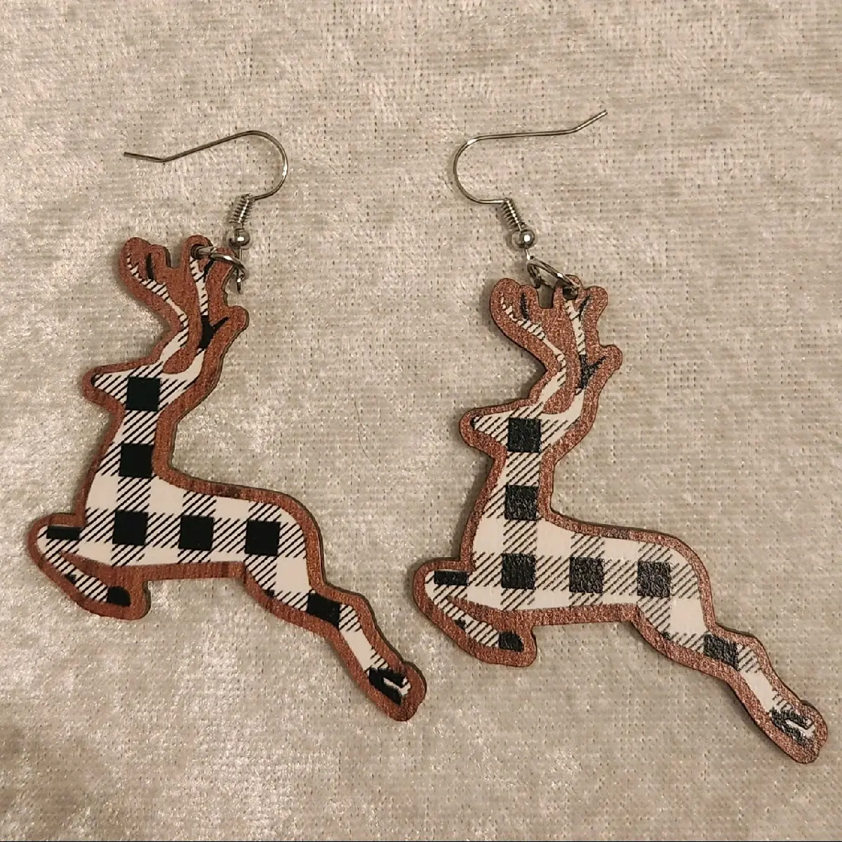 Wooden Plaid Reindeer Earrings