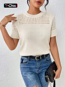 Stylish O-Neck Knitted Loose Hollow Out Blouse Female Clothing 2024 Summer New Casual Pullovers Tops Short Sleeve Korean Shirt Knitwear Womenswear