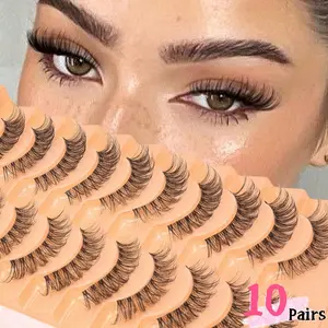Natural Fine Curled Realistic False Eyelashes Set, 10 Pairs Varied Lengths V Cross Design, Natural Curl Extend Outer Corners, Makeup Essential