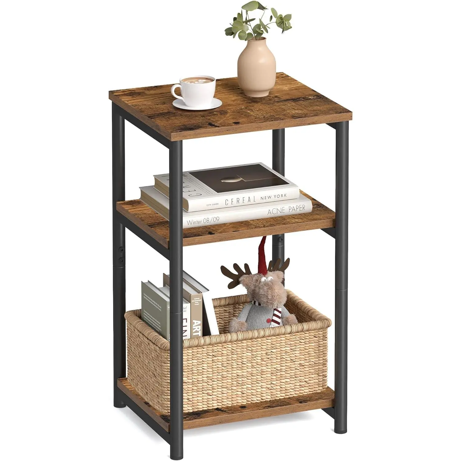 Rustic Brown & Black Side Table – Tall End Table or Nightstand for Bedroom, Living Room, Office, or Bathroom