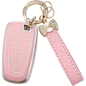 for Ford Key Fob Cover with Keychain, Soft TPU Key Case Shell for F150 F250 F350 Mustang Bronco Explorer Escape Edge Expedition Maverick Ranger Lincoln Smart Remote Key(Pink)