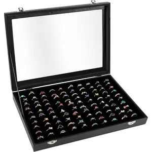 Ring Display Case Organizer Box with Transparent Lid, 100 Slots Ring Storage Display Box Case Tray Holder PU Leather Black
