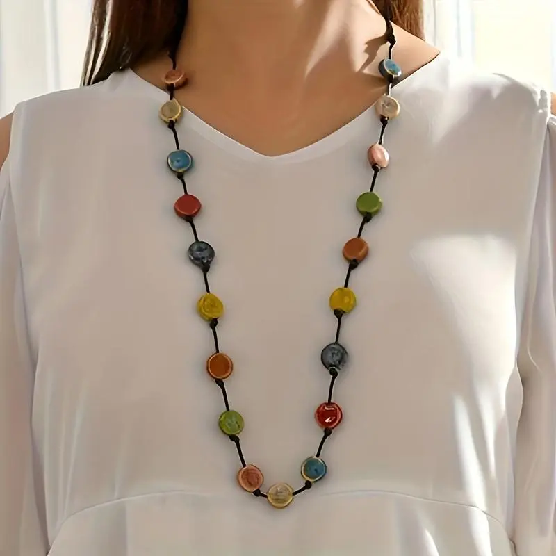 Women's 1pc Bohemian Multicolor Beaded Braided Rope Ceramic Necklace - Boho, Alternative Style, Bead String, Embellished, Colored Ropes Necklaces, Vintage Ethnic Jewelry, Long Sweater Accessory, Holiday Gift (Ceramic Quantity Random), Boho Necklaces