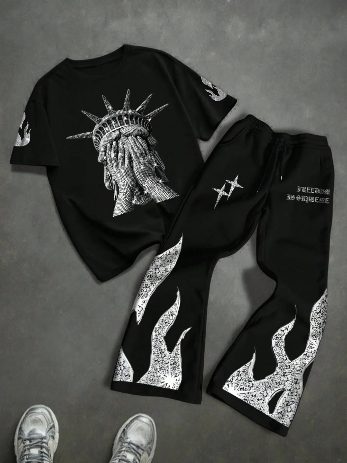 Men's Statue Graphic Print Two-Piece Set Top Trousers Set, Round Neck, Sparkle Street Style, Rhinestone Texture Print, Luxurious Cool Trendy Look, Urban Night, Streetwear, Outfit Sets, Fabric, Menswear