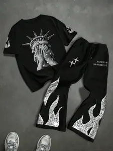 Men's Statue Graphic Print Two-Piece Set Top, Sparkle Street Style, Rhinestone Texture Print, Luxurious Cool Trendy Look, Urban Night, Streetwear, Outfit, Fabric