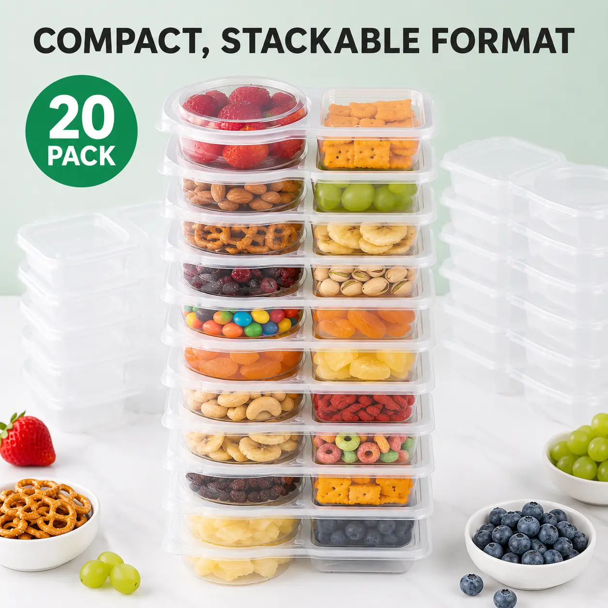 20 Pack  Snack Containers with Lids, 2 Compartment Snack & Dip Containers, Portion Control Food Storage Trays for Meal Prep, Fruit, Nuts, Sauces & On-the-Go Snacks