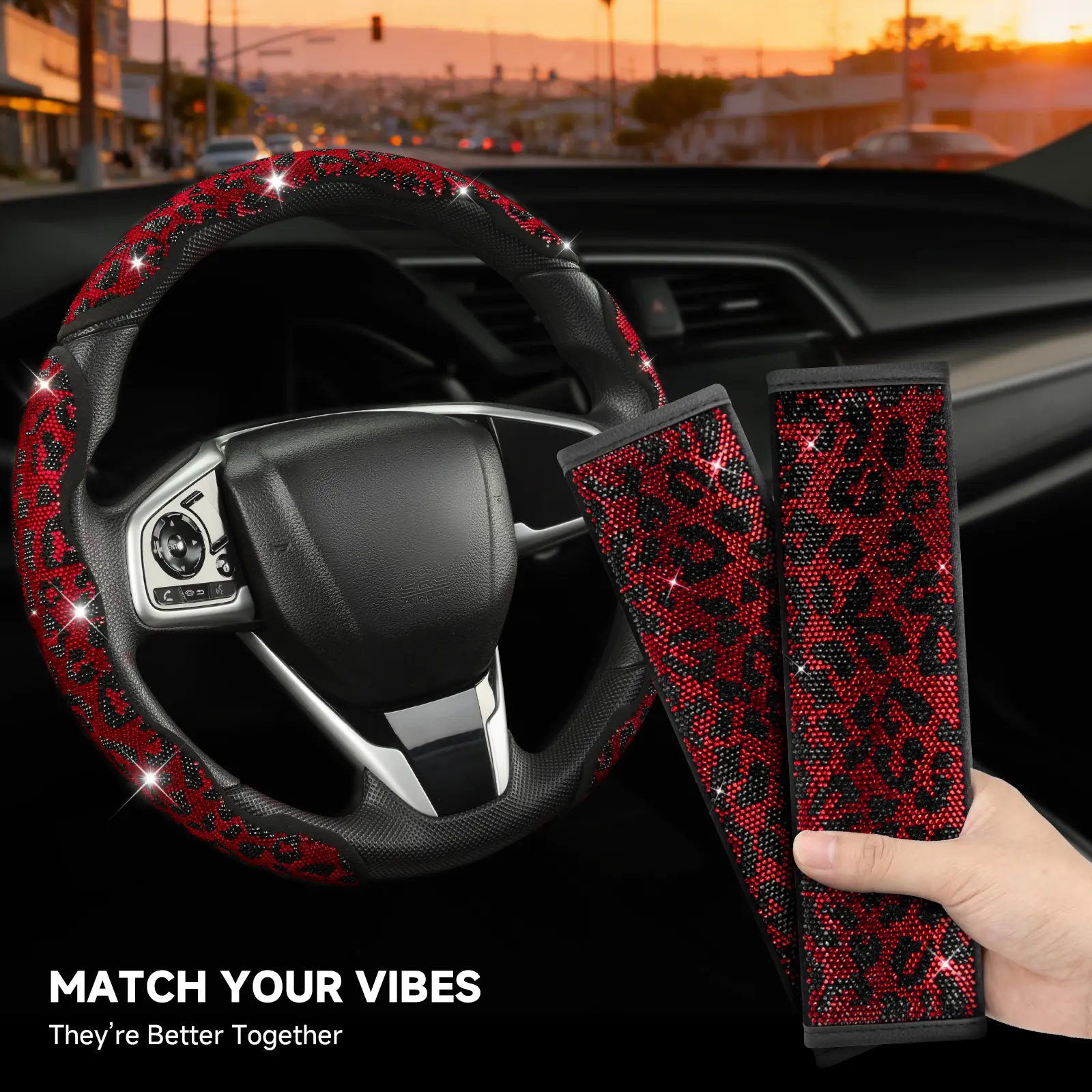 Red leopard Steering Wheel Cover&Seat Belt Cover