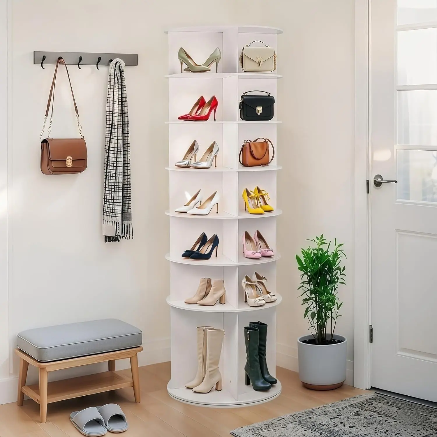 Modern White 6-7-Tier Circle Rotating Shoe Rack Tower - 360° Spinning Veneer Shoe Display, Stable Cabinet Organizer, 25+ kg Capacity Free-Standing Unit, Holds 28 Pairs for Closet/Entryway, Closet Storage