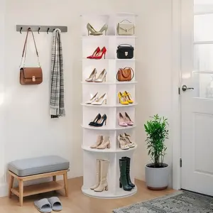 6/7-Tier Rotating Shoe Rack Tower, Holds 28 Pairs of Shoes - 360° Spinning Floor Storage Organizer, Free Standing for Closet/Bedroom/Entryway, Space Saving, White