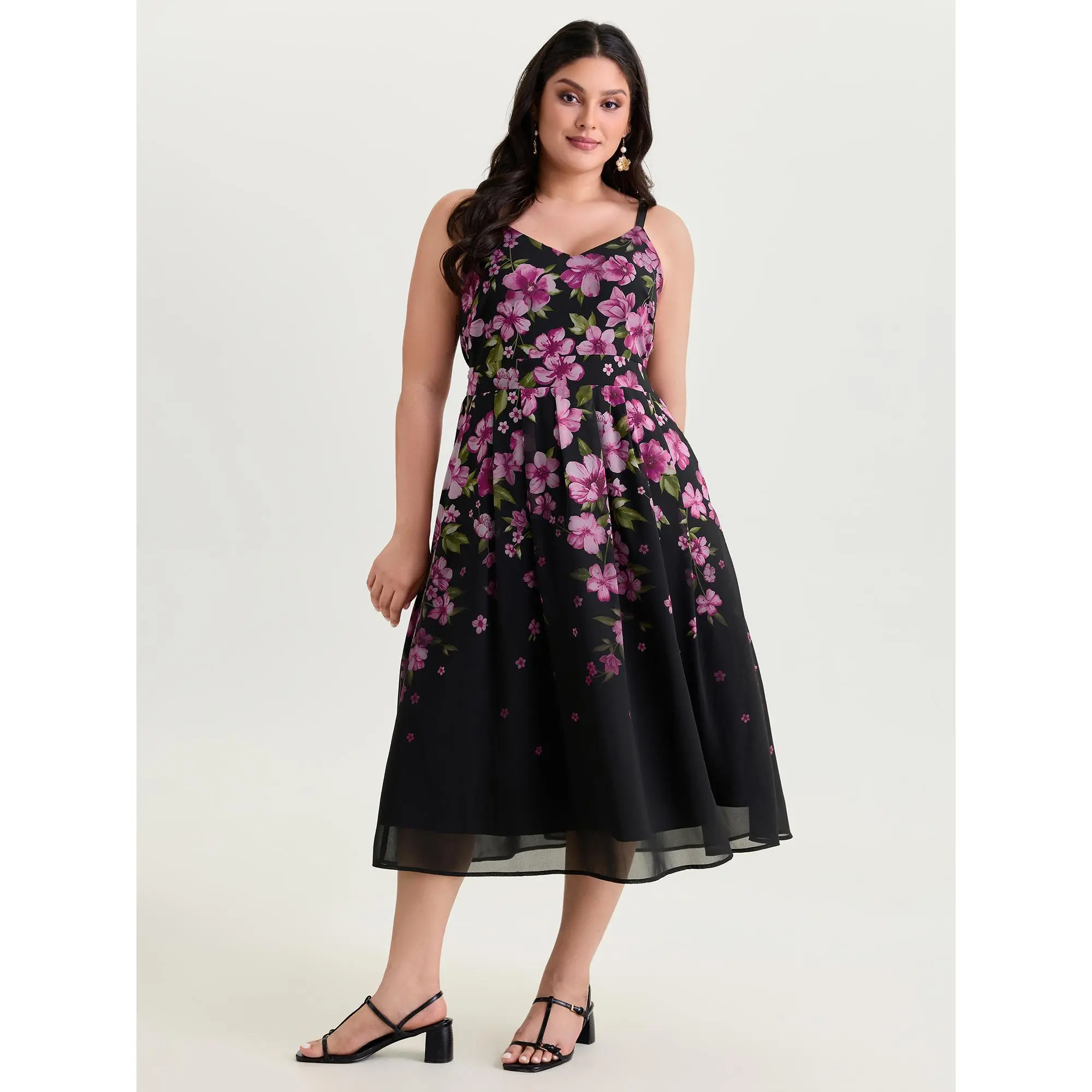 BLOOMCHIC Plus Size Sweet Floral Print Shirred Cami Midi Dress[M-6X] , Polyester, Women,summeroutfits,vacationoutfits,beachoutfits,Summerfinds
