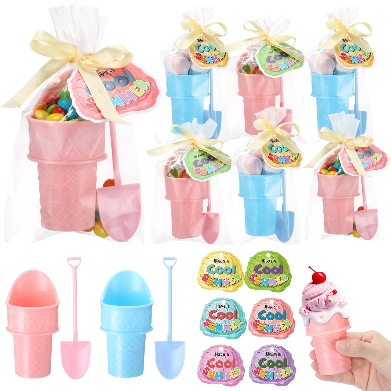 24/36 Sets Ice Cream Party Favors for Kids, Plastic Bowls Cups Spoons with Summer Holiday Theme Cards 3D Ice Cream Shape Gift Boxes Bags Colored Ribbon, End of School Year Gifts Graduation Party Summer Birthday Prizes for Sundae Yogurt Pool Beach