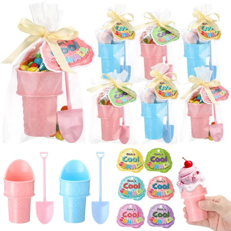 24/36 Sets Ice Cream Party Favors for Kids, Plastic Bowls Cups Spoons with Summer Holiday Theme Cards 3D Ice Cream Shape Gift Boxes Bags Colored Ribbon, End of School Year Gifts Graduation Party Summer Birthday Prizes for Sundae Yogurt Pool Beach