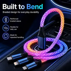 3 in 1 RGB LED Car Charger Cable, Light Up Flowing Glow Fast Charging Cord for iPhone and Type-C Devices, Multi Device Charging Cable with Visible Current Flow, Cool Braided Cyber Car Accessories for Phone center console