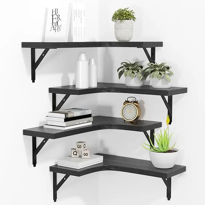 4-Piece Wall Mounted Wooden Corner Floating Shelves, Rustic Storage Display Shelves for Home Decor, Bedroom, Bathroom (Black), Wall Mounted Shelf