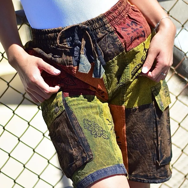 Bohemian Ethnic Printed Rustic Patchwork Five Pockets Unisex Stonewashed Cotton Handmade Cargo Shorts for Men - Menswear, Man