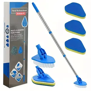 34" Extendable Tub & Tile Scrub Brush Set, 2-In-1 Shower Cleaner, Stainless Steel Handle, 3 Sponge Heads, Non-Scratch Cleaning Tool