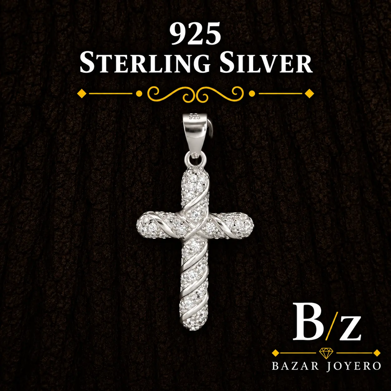925 Sterling Silver Cubic Zirconia Cross Pendant – Spiral Ribbon Design