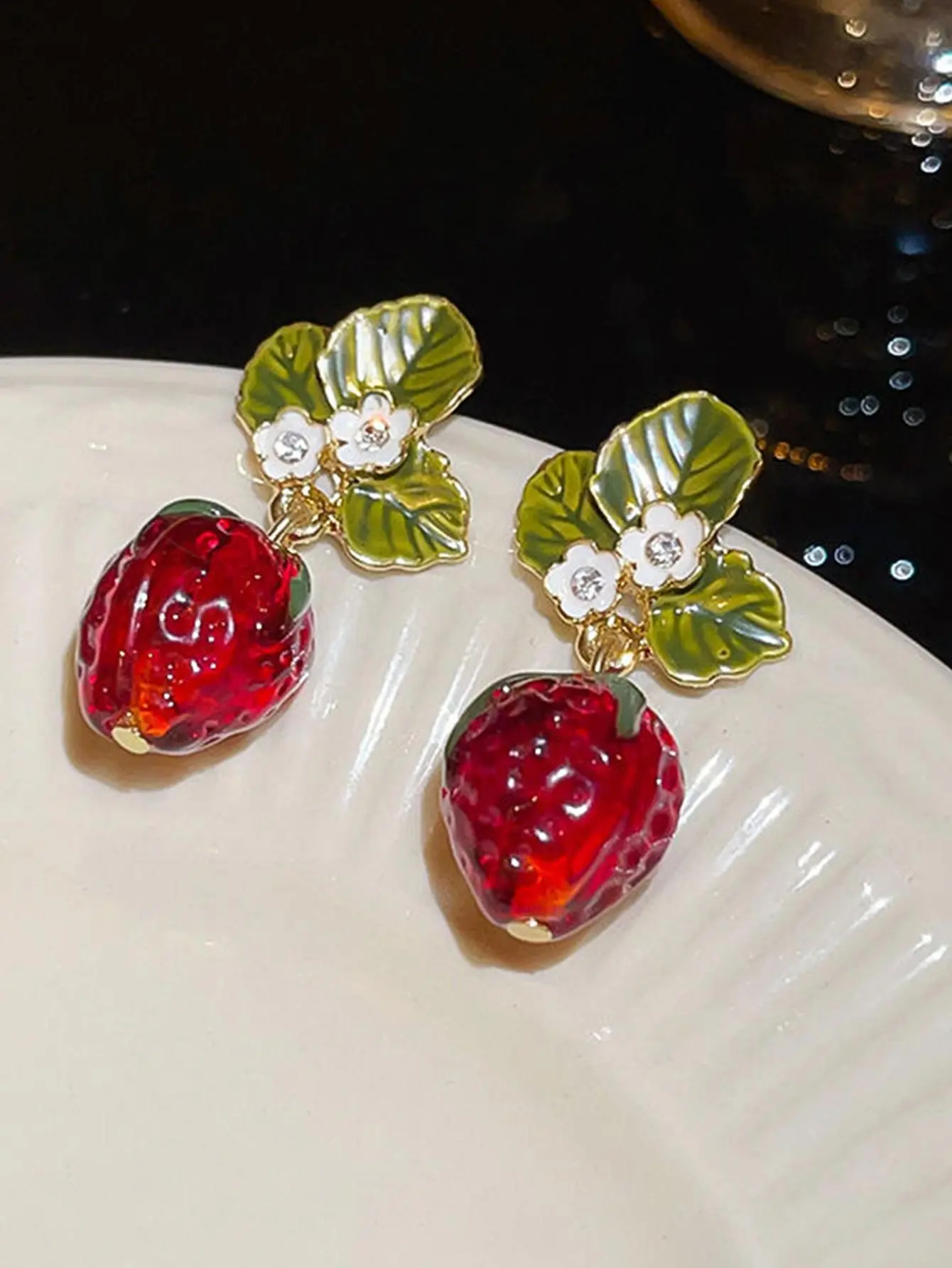 Female Plastic Stud Earrings with Red Strawberry Fruit Motif, Fresh Lively Design Costume Jewelry, Casual Accessory for Summer Daily Wear