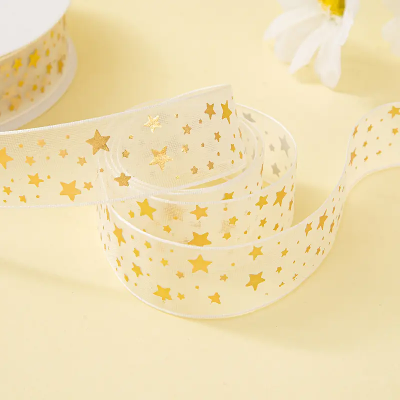 Gold Printed Organza Ribbon Roll for Gift Wrapping, Wedding, Bouquet & DIY Crafts
