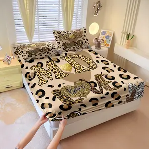 Leopard LOVE Fitted Sheet Set, All‑Season Comfortable Skin‑Safe Bedding Set, Secure Fit Deep Pocket Mattress Cover, Sweet Gift Bedding for Kids Room, Guest Room, Holiday Home Decoration, 3pcs No Filling.