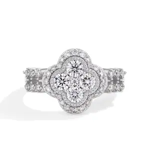 Moissanite18K White Gold Plated Diamond Four-Leaf Ring for Women - S925 Sterling Silver Fine Jewelry