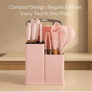 19-Piece Pink Kitchen Utensils Set - Silicone Cooking Utensils Non-Toxic Spatula Set with Cutting Board Compact Design Elegant Kitchen Tools in One Place Cookware