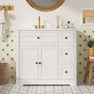 36" or 30" Freestanding Bathroom Floor Cabinet with Ceramic Sink, 4-Drawer Vanity, 200 LBS Capacity, Modern Storage Organizer for Bathroom, Laundry & Restroom
