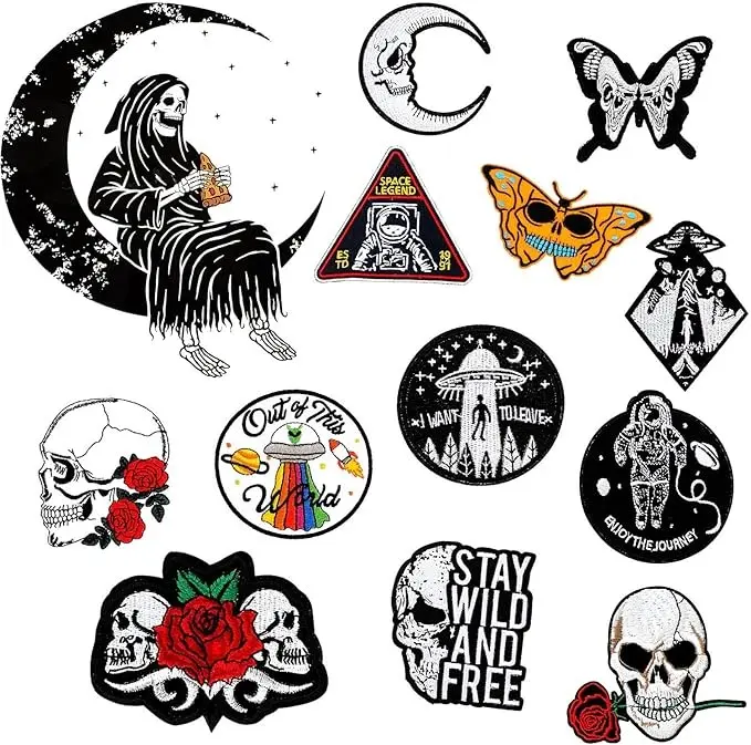 14 Pieces Alien Punk Skull Cool Goth Patches Embroidered Goth Iron On Patches Rock Punk Band Patch for Jackets Hat Clothing Bags DIY Decoration