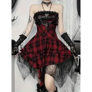 Women'S Gothic Y2K Bodycon Dress - Sexy Red Checkered Off-Shoulder/One-Shoulder Sleeveless Mini-to-Midi Length with Asymmetrical Hem & Mesh Paneling - Gothic Aesthetic Party, Clubwear, Everyday Outfit - All-Season Stretchy Fit for Themed Ev