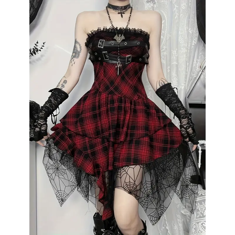Women'S Gothic Y2K Bodycon Dress - Sexy Red Checkered Off-Shoulder/One-Shoulder Sleeveless Mini-to-Midi Women'S Gothic Y2K Bodycon Dress - Sexy Red Checkered Off-Shoulder/One-Shoulder Sleeveless Mini-to-Midi