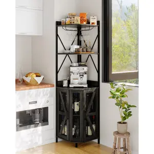 Garvee Industrial Style Corner Wine Cabinets and Bar Storage Units Featuring LED Lighting, Power Outlets, Glass Holders, and Multiple Tiers Designed for Small Spaces and Home Display, Available in Various Colors and Designs