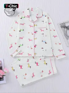 Women's Cartoon Dog Print Sleepwear Set Loungewear, Long Sleeve Open Front Top & Elastic Pants, Casual Fall Winter Pajamas Pjs for Home Wear