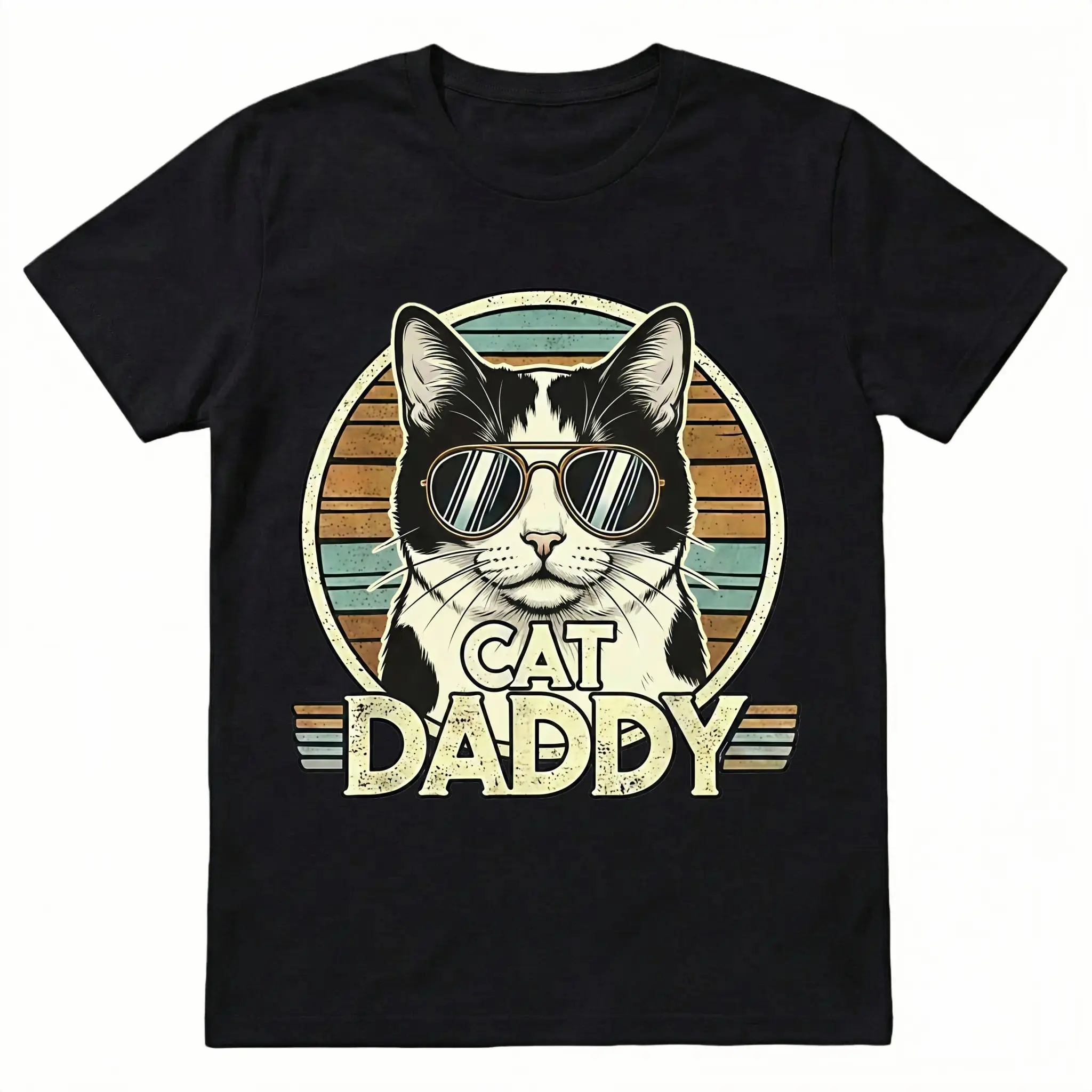 Men's Vintage "Cat Daddy" Graphic T-Shirt, Retro Sunset Cool Cat with Sunglasses Print Tee, Premium Soft Cotton Casual Top, Perfect Father's Day Gift for Cat Dads & Pet Lovers, Unisex Everyday Wear