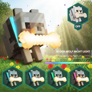 DIYCOM 3D Printing Handmade Pixel Wolf LED Night Light with Glowing Bone and RGB Collar Stylish Room Decor New Year And Valentine's Day Gift
