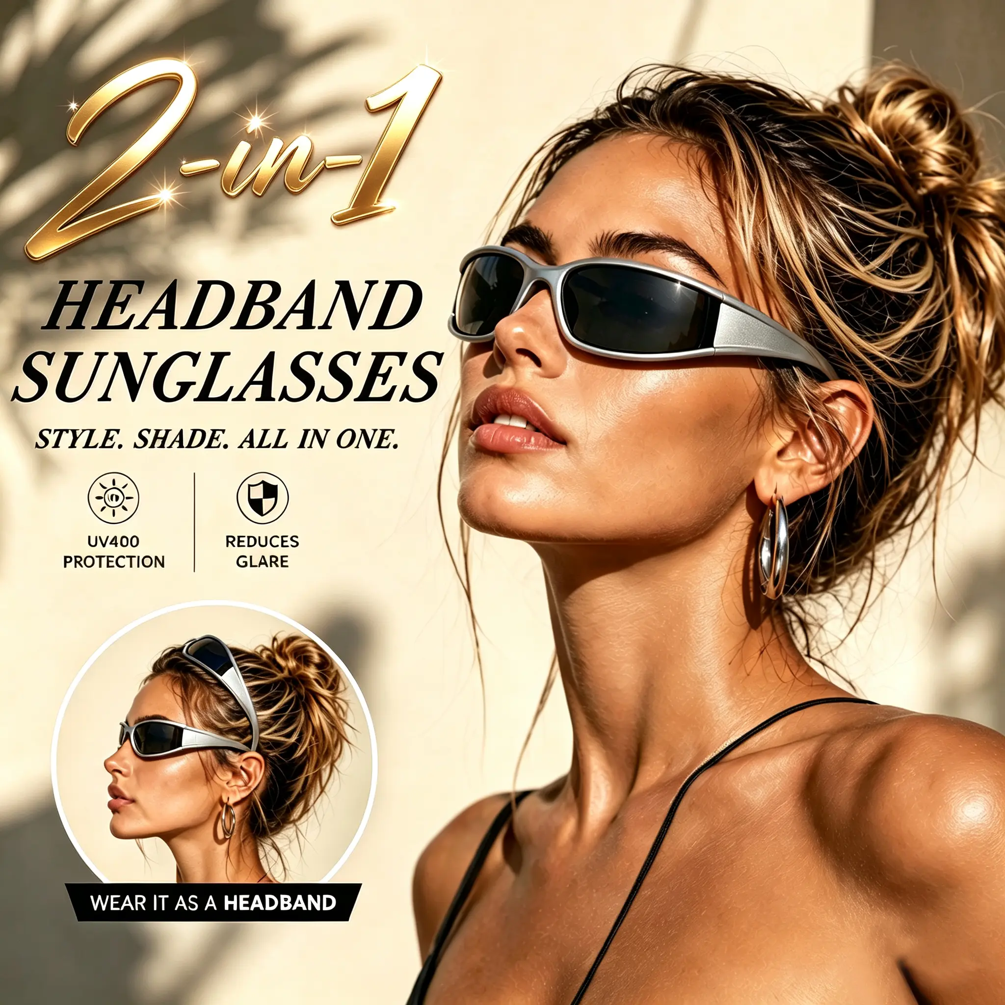 2-in-1 Headband Sunglass Comb for Women, UV400 Protection Convertible Sunglasses Headband, Fashion Outdoor Beach Sports Hair Accessory