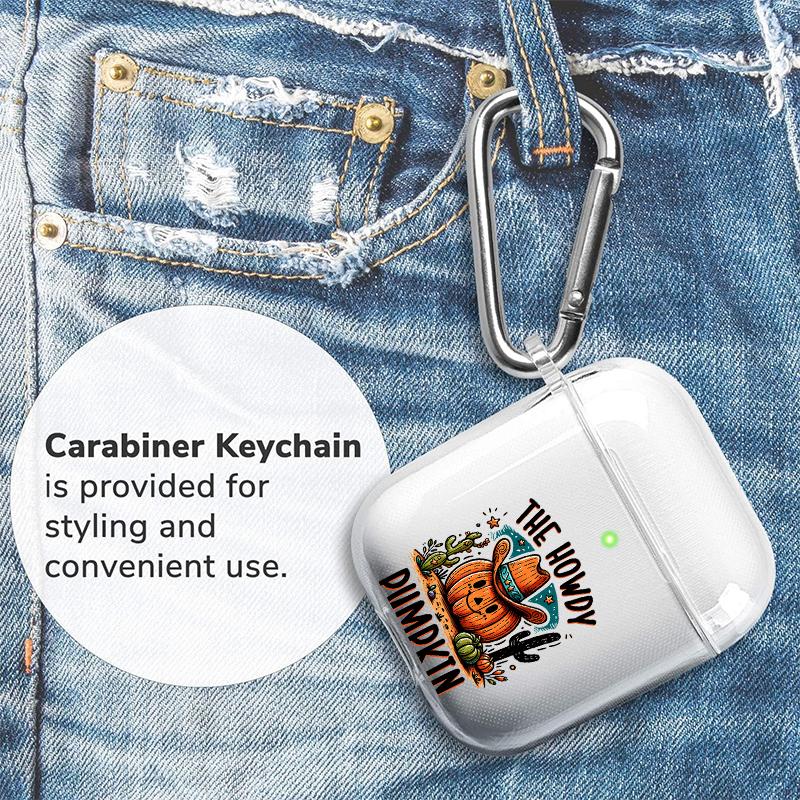 Cowboy Pumpkin Greeting Pattern TPU Soft Protective Case for Apple AirPods 4/3/2/1/Pro/Pro2 Transparent Earphone Cover with Keychain Attachment