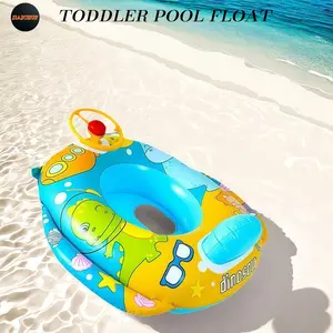 Baby Inflatable Swim Seat Float with Steering Wheel & Horn, Dinosaur Cartoon Toddler Swim Ring, Safety Backrest, Kids Pool Float for Infants, Water Float