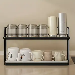 Double Layer Metal Cup Holder, 1 Count Kitchen Countertop Organizer for Tea & Coffee Mugs with Drain Tray, Non-food Contact Kitchen Accessories