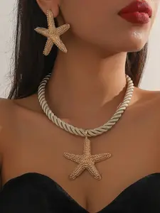 Vintage Starfish Pendant Necklace and Earrings Set, Women's Vacation Style Unique Design Choker Fashion Jewelry, Boho Jewelry Set, Trendy Accessory Gift, Matching Jewelry Set
