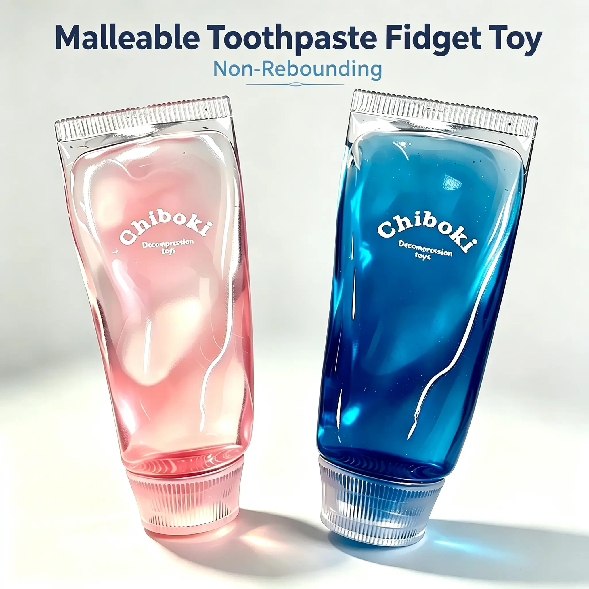 Transparent Clear Gel Toothpaste Squishy Fidget Toy, Stretchable TPR Squeeze Sensory Toy, Anti-Anxiety Stress Relief Desk Toy, Portable Calming Fidget Hobby Toy for Adults Teens, Pink & Blue No Glitter, Chiboki Toothpaste Squishy, Unisex